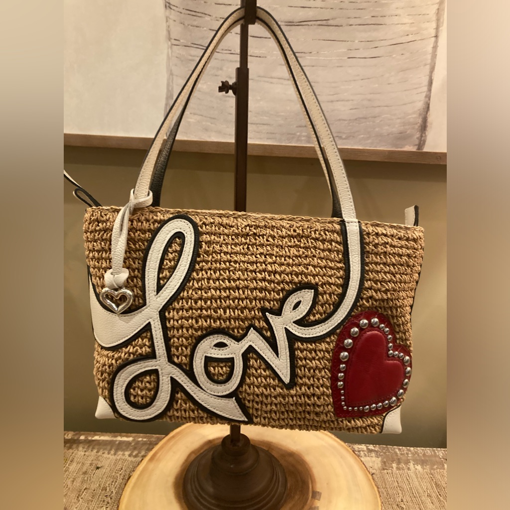 Brighton Love Story Straw Handbag Tote Red Studded Heart Msrp $285 New